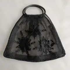 ブラック メッシュ ハンドバッグ 花柄刺繍