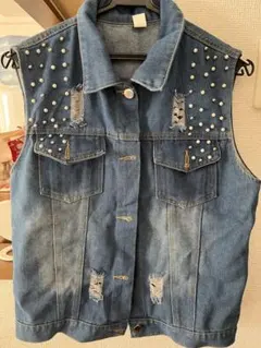 デニムベスト パール装飾付き