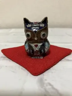 七宝焼 フクロウ 置物 ミニチュア　インテリア　縁起物　座布団付き