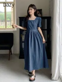 パフスリーブ半袖ロングワンピース Lサイズ