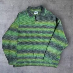 GIDEAL グリーン系 ストライプ ポロ厚手セーター