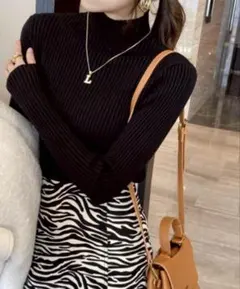 【新品】ハイネック ニット リブニット トップス ニットセーター ブラック