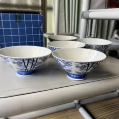 玉風陶園謹製 ラーメンどんぶり&レンゲ 白地に藍 龍絵 3枚セット 美品