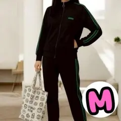 スウェット 韓国 長袖 ストリート セットアップ ジャージ サイドライン 黒