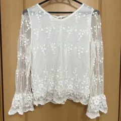 花柄刺繍レース 長袖ブラウス ホワイト