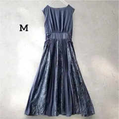 アサクラ ブルーグレー パープル系 レース切替 ロングドレス ワンピース M