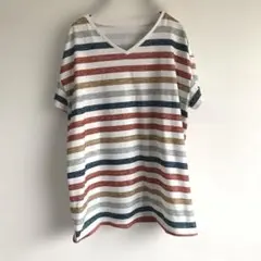 【Vネック】マルチボーダー 半袖 Tシャツ M カットソー 爽やか