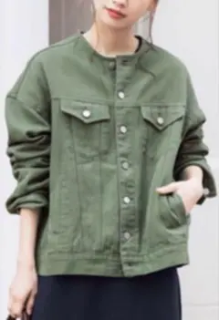 ノーカラージャケット　カーキ　デニム　オーバーサイズ