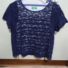 earth music&ecology 半袖レースストライプトップス