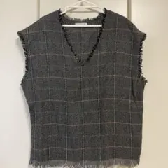 Vネック フリンジ ベスト グレー系 M