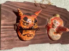 神楽面 伝統的な角付きお面 神楽面 鬼の顔 木製 角付き