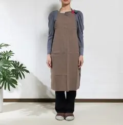 シンプル カフェエプロン ブラウン レディース リネン 前掛け