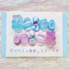 オーダー　ネイルチップ　個性派　ポップ　紫　水色　推し活　カラフル　グミベア