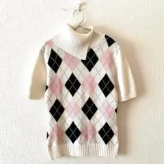 ☆【ジーンフェルディナンド】ニット アーガイル柄 綿混 タートルネック 半袖 M