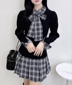 INGNI チェック柄ボウタイシャツドッキングニットワンピース