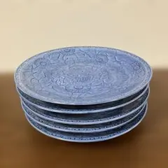 青色菊模様皿5枚セット