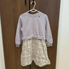 【アプレレクール】パープル　チェック柄七分袖ワンピース 110cm