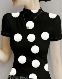 モックネック 水玉半袖トップス