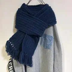 ◆手編みのマフラー◆ フリンジ付き　ネイビー　男女兼用