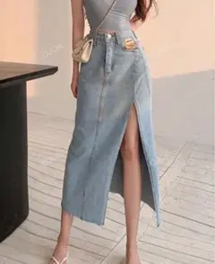 デニムタイトスカート ライトブルー スリット入り
