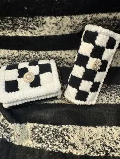 ハンドメイド 白黒チェック 財布とケースセット