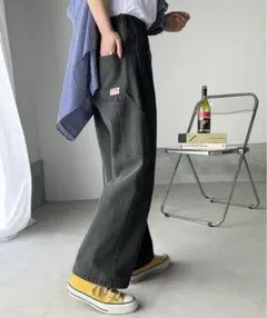 ダークグレー デニム ワイドパンツ