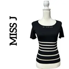 【美品】MISS J ビジュー付 ボーダー半袖ニット ブラック 38のサムネイル