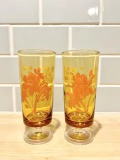 レトログラス アデリア 脚付 2個 セット 昭和 ガラス コップ アンバー 百合