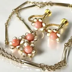 艶やか✨ピンク珊瑚 花 ネックレス&イヤリング セット