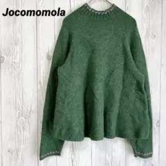 【ホコモモラ】ニットセーター　グリーン　ハイネック　刺繍　L ウール混　40
