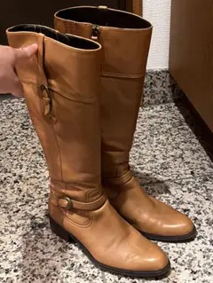 ジャンク品　ベージュレザー ロングブーツ サイドジッパー