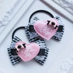 (306) ゆめかわ ギンガムチェック ヘアゴム♡ ハンドメイド 黒 ピンク