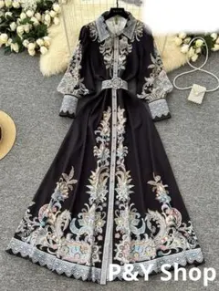 春秋コーデ❤️レディース　ロング丈ワンピース　長袖　ウエストベルト付き　エレガント