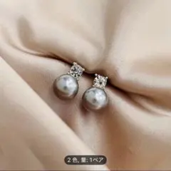 t86 【大人上品】一粒パール×ビジュー イヤリング グレー／シンプル