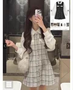 GRL 配色襟ツイードチェック柄ミニワンピース[tg905] アイボリー S