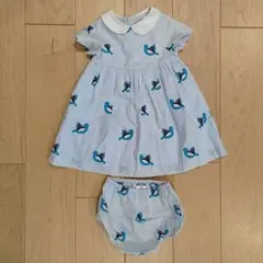美品　jacadi 水色 鳥柄 ワンピース 36M　ブルマ付き