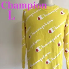 Champion チャンピオン 総柄ロゴ 裏起毛スウェット 黄色 Lサイズ　良品