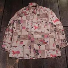 古着　総柄シャツ　ベージュ　古代アート　L ポリエステル　テロ感　ペイズリー
