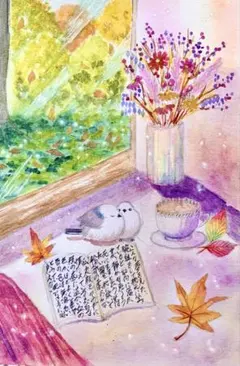 さくら様専用水彩画　シマエナガと読書の秋　値段は※900円です