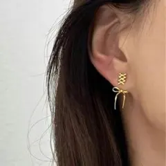 リボン ピアス ゴールド 結び 2way S925 高さ調整可 樹脂製キャッチ付