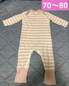 無印良品 ストライプ ボーダー ロンパース 長袖 70〜80 記名無しピンク