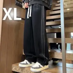 XL メンズ ワイドパンツ ブラック 男女兼用 裾ドローコード ジャージストリー