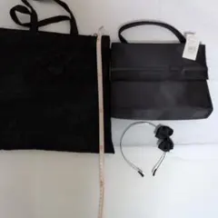 ブラック花柄トートバッグとヘアバンドセット　&黒バッグ