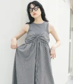 【美品】KBF ドロストチェックキャミワンピース ブルー