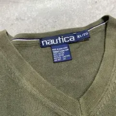 NAUTICA ノーティカXLオリーブグリーン Vネックセーター古着 90'S