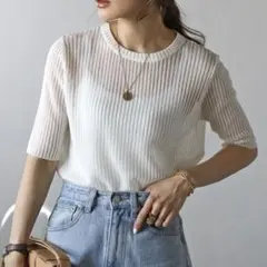 ボンジュールサガン　五分袖ラメニットプルオーバー　オフホワイト