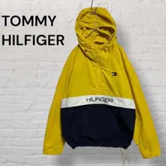 TOMMY HILFIGER ナイロンアノラックXL黄紺ハーフジップロゴ古着