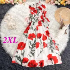 【即日発送】大きいサイズ♡赤い花のロングワンピース♡リボンタイ♡シフォン♡2XL