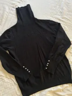 パール袖　黒　タートルネックセーター　ブラック　長袖　M