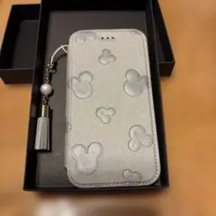 ミッキーマウス iPhone13miniケース 手帳型 シルバー タッセル付き